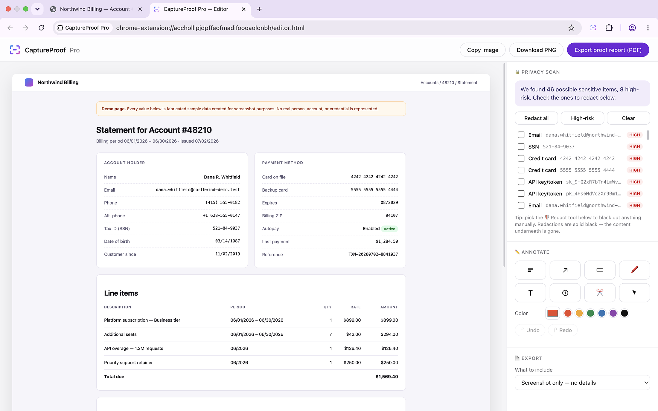 The CaptureProof Pro editor listing detected sensitive items, highest risk first