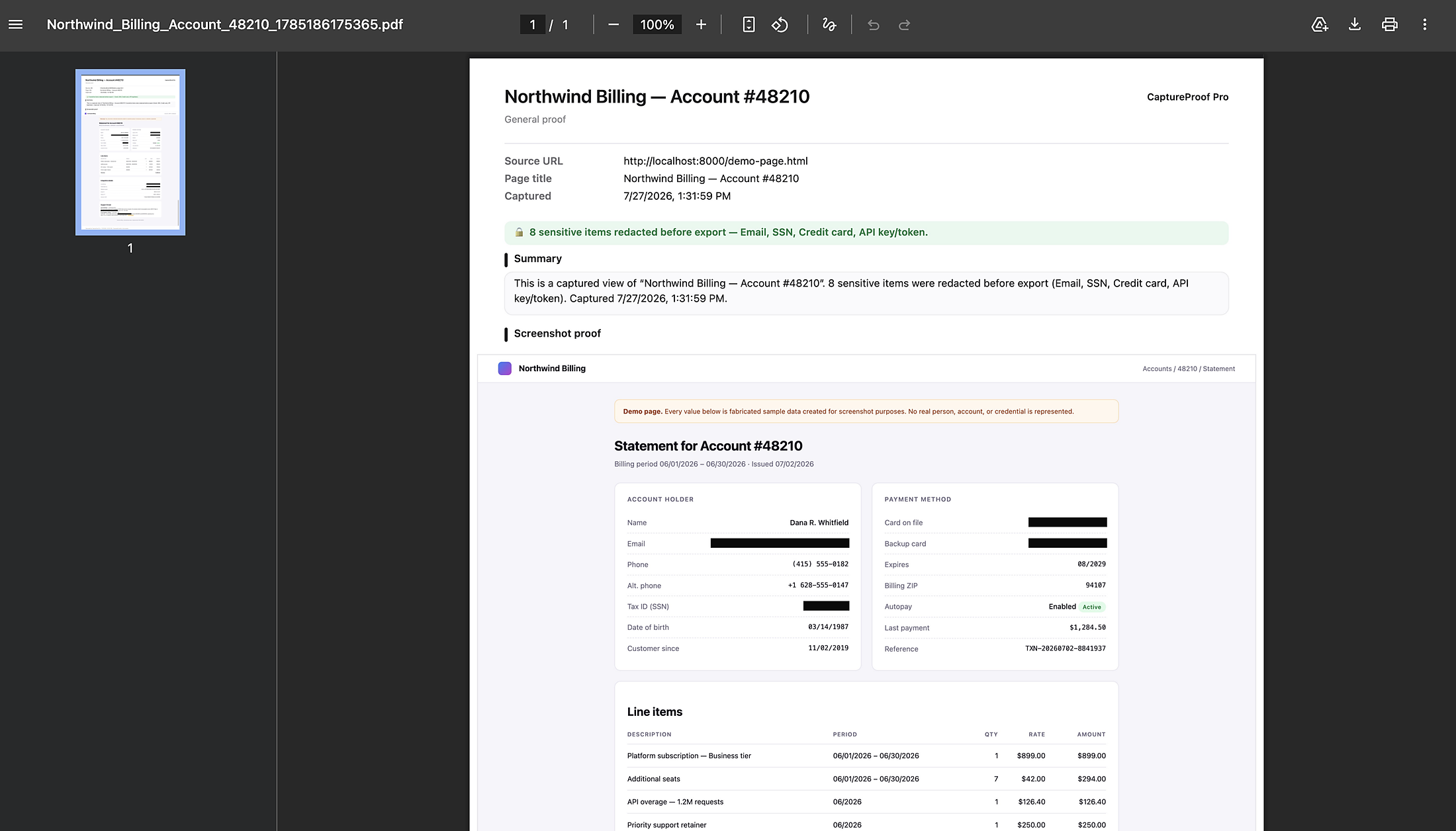 An exported PDF proof report with source URL and capture time